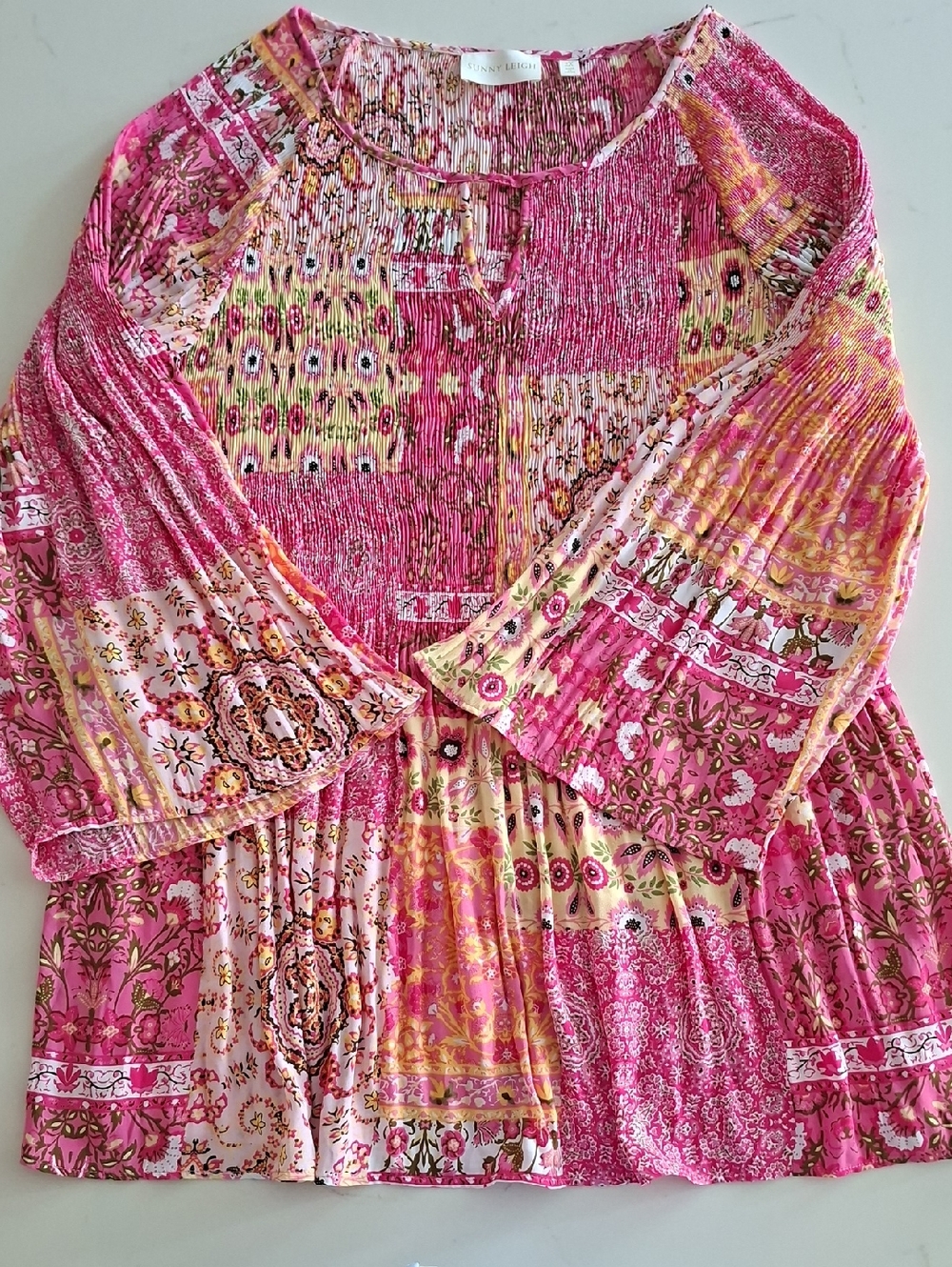 Sunny Leigh Pink & Yellow/Multi Paisley Boho Plisse Bell-sleeve Tunic (Size 2XL)